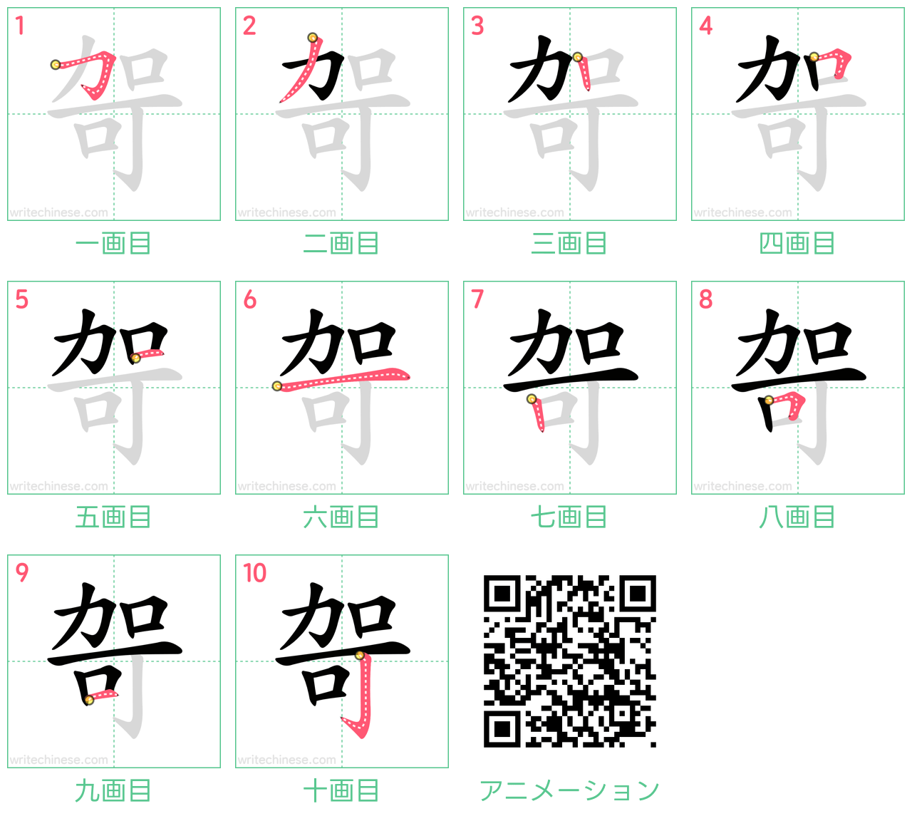 中国語の漢字「哿」の書き順 筆順