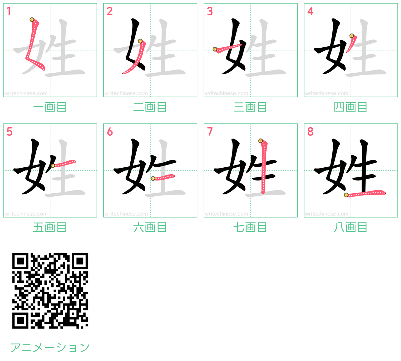 中国語の漢字「姓」の書き順 筆順