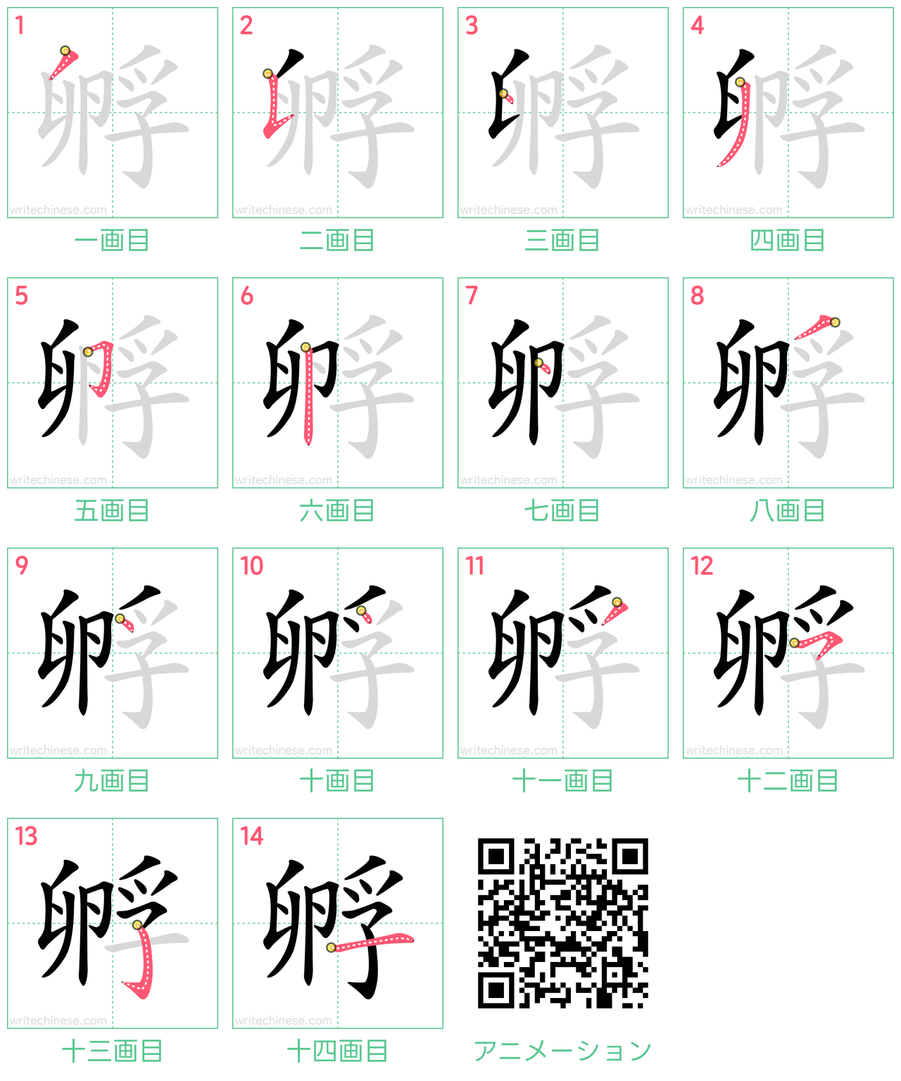 中国語の漢字「孵」の書き順 筆順