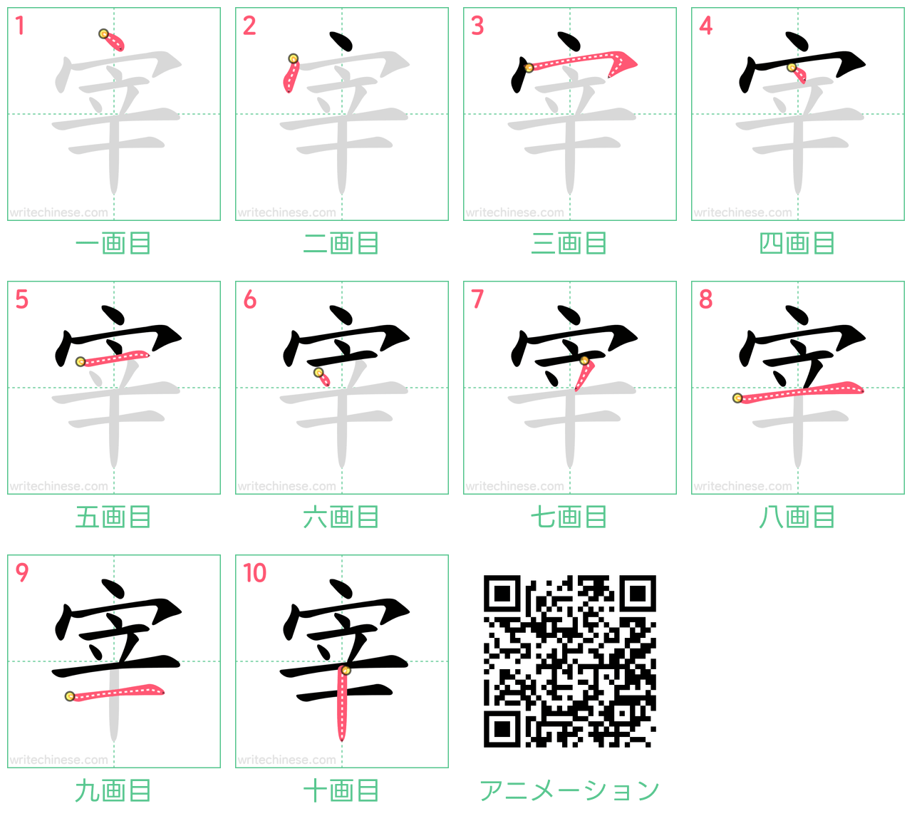 中国語の漢字「宰」の書き順 筆順