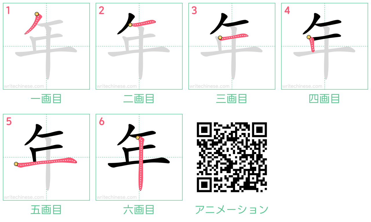 中国語の漢字「年」の書き順 筆順