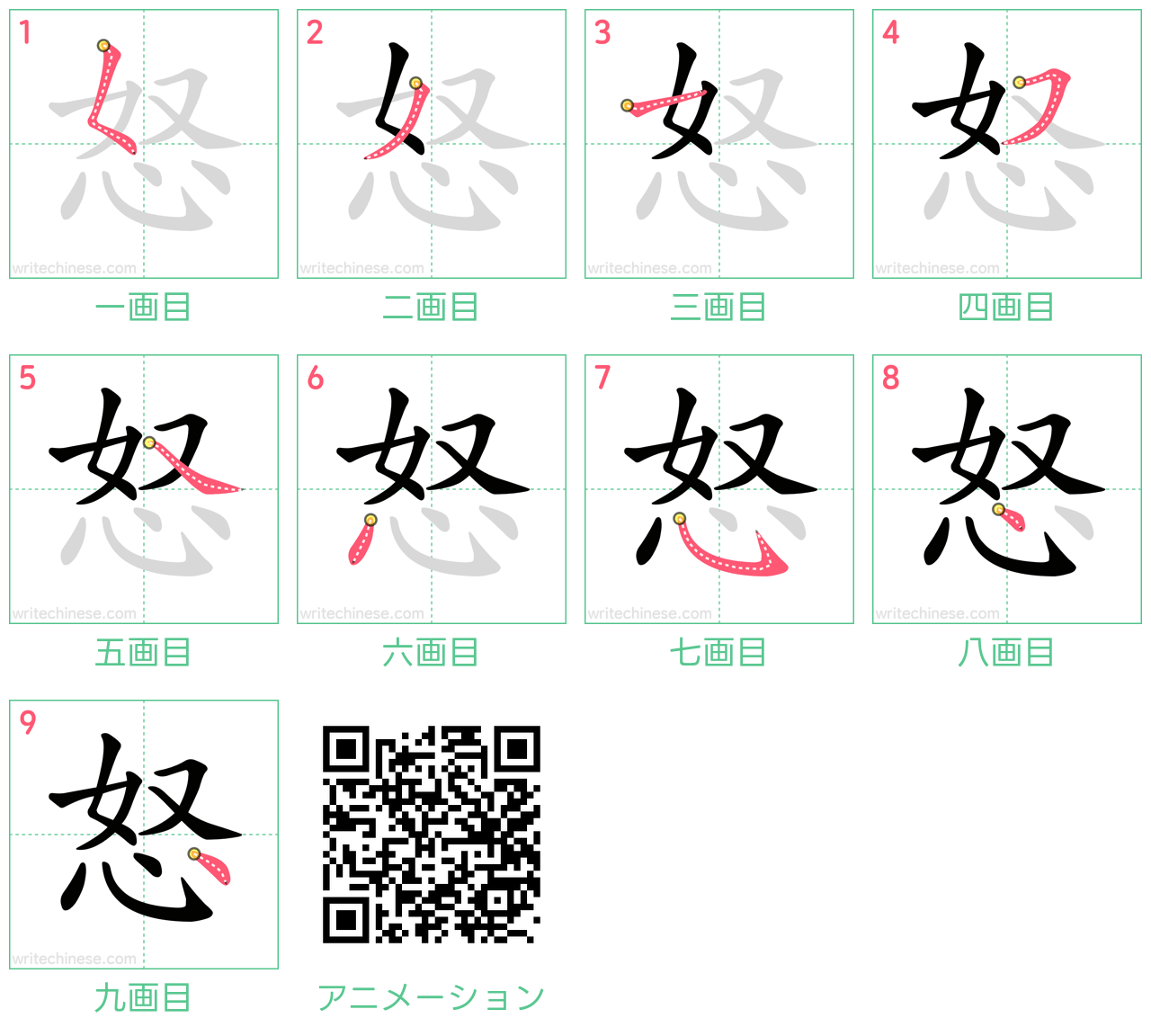 中国語の漢字「怒」の書き順 筆順