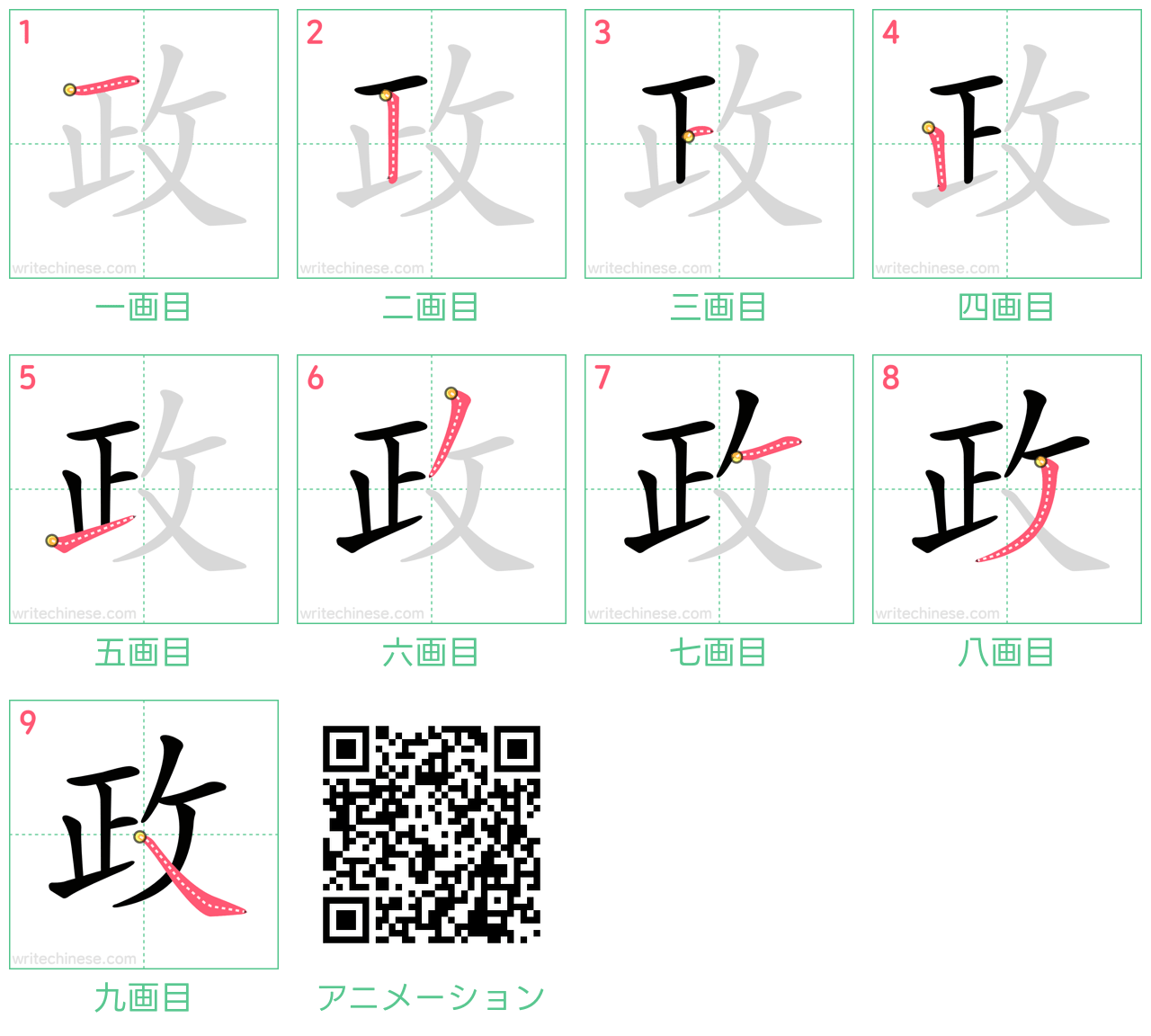 中国語の漢字「政」の書き順 筆順