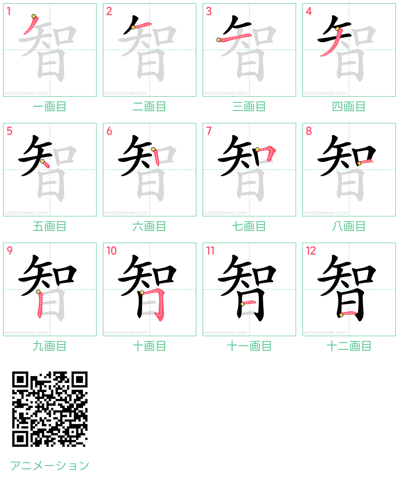 中国語の漢字「智」の書き順 筆順