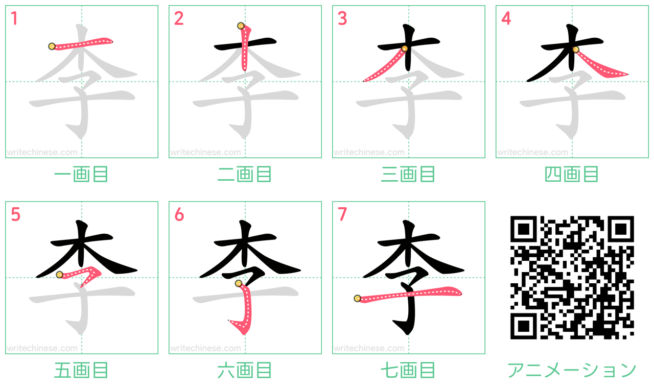 中国語の漢字「李」の書き順 筆順