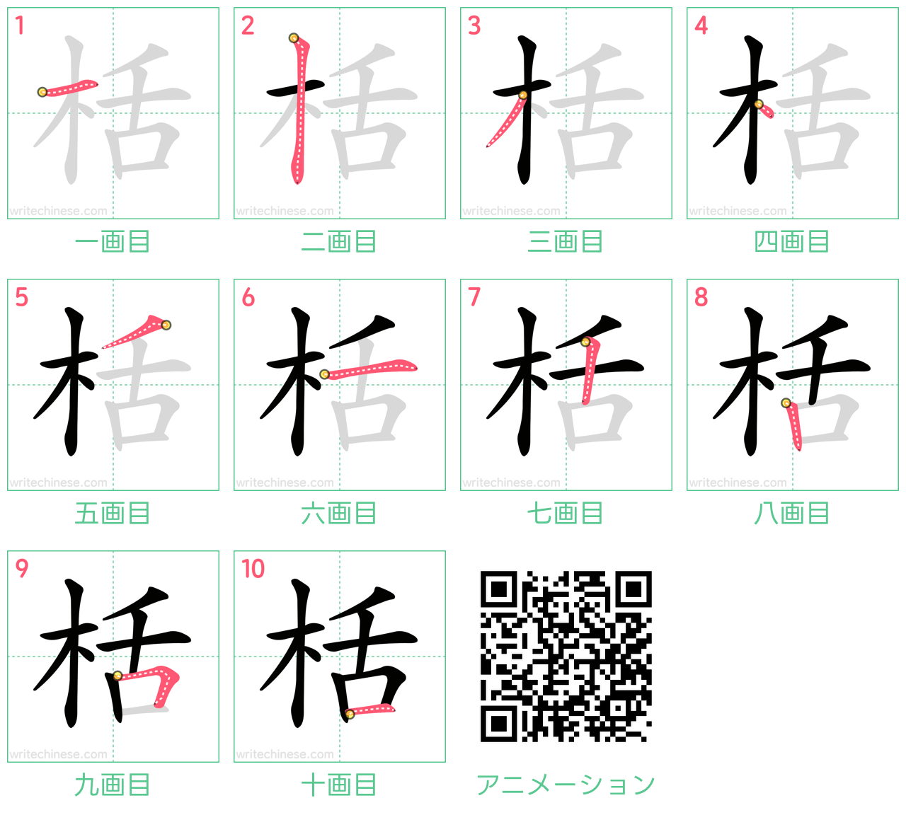 中国語の漢字「栝」の書き順 筆順