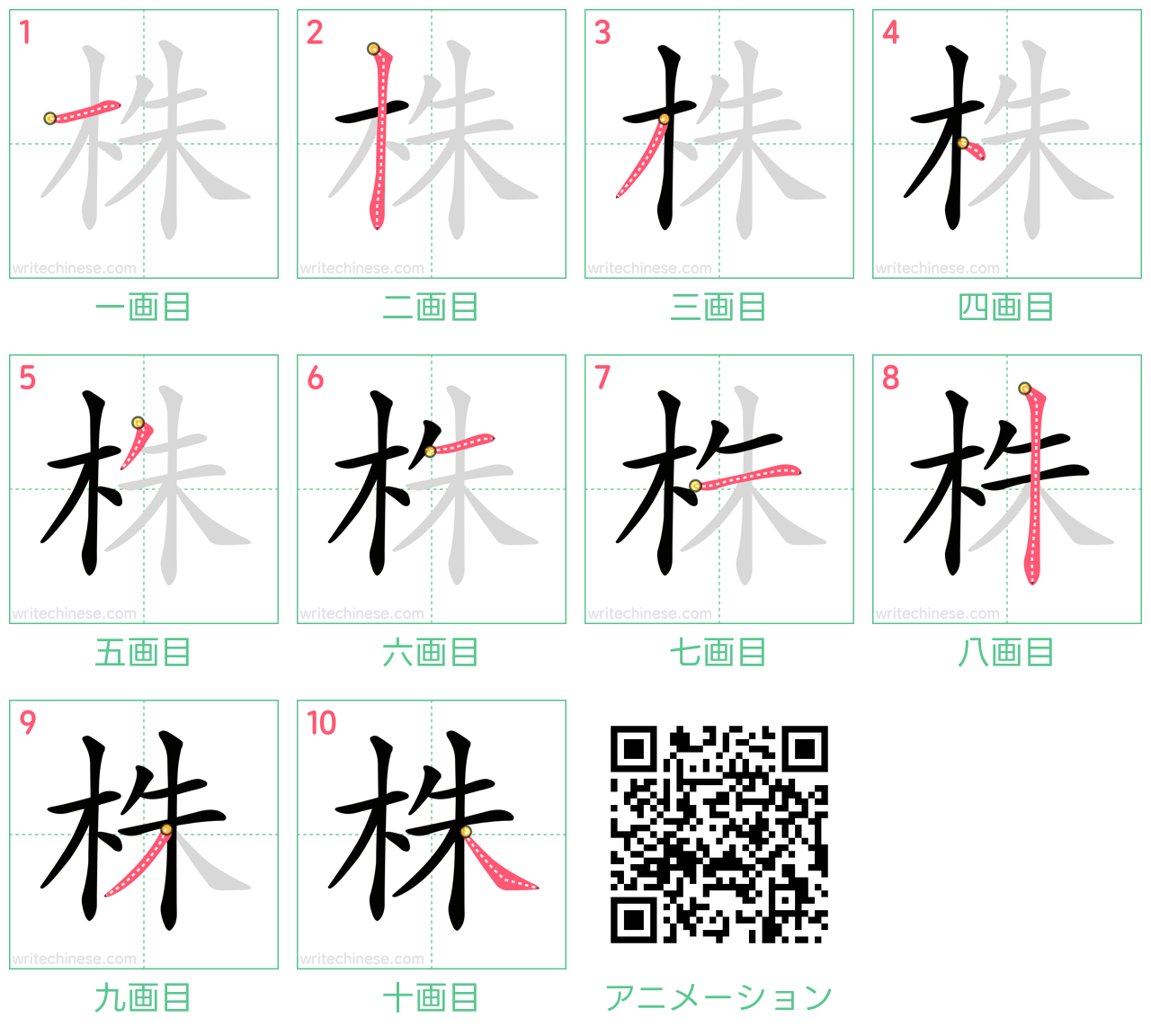 中国語の漢字「株」の書き順 筆順
