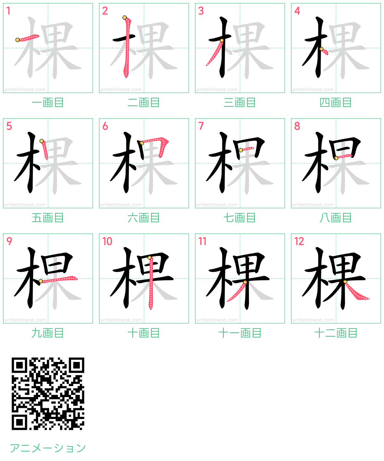 中国語の漢字「棵」の書き順 筆順