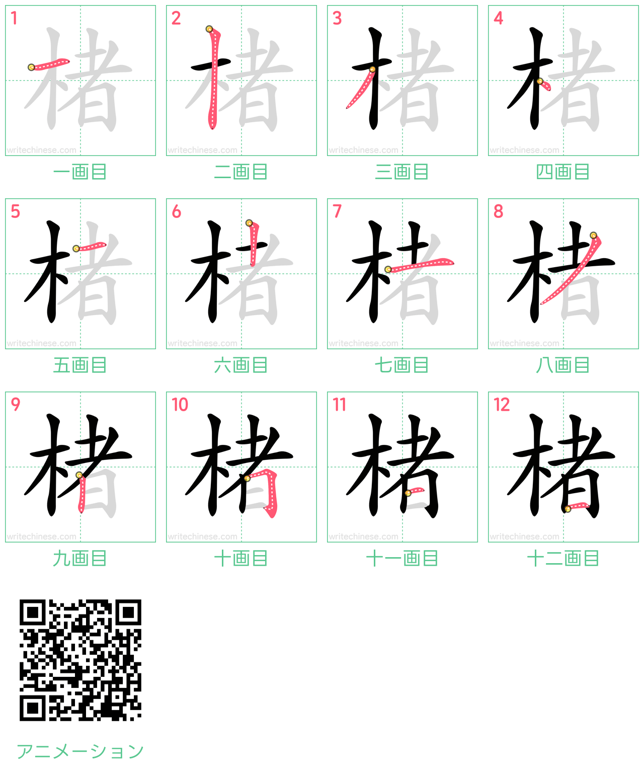 中国語の漢字「楮」の書き順 筆順
