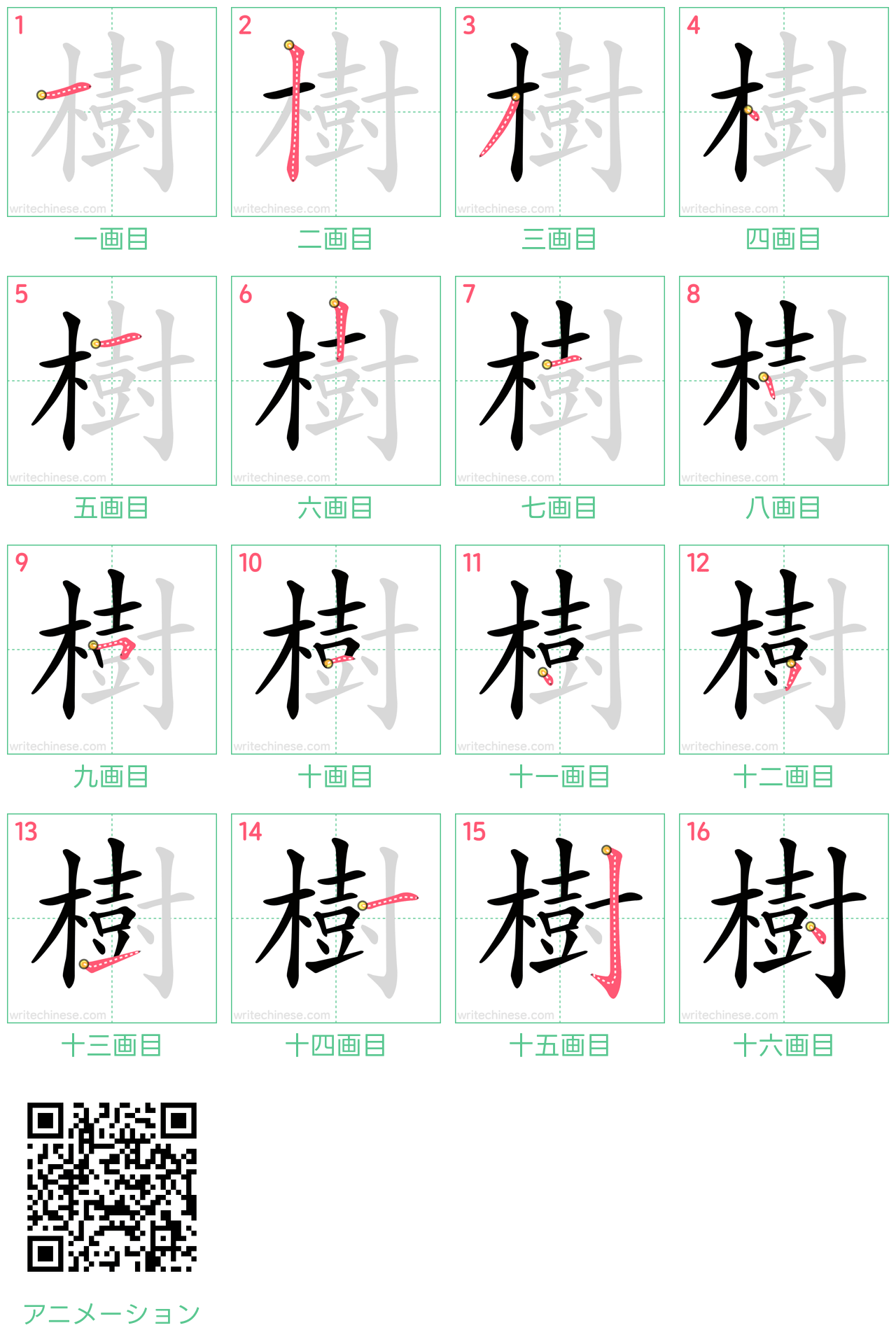 中国語の漢字「樹」の書き順 筆順