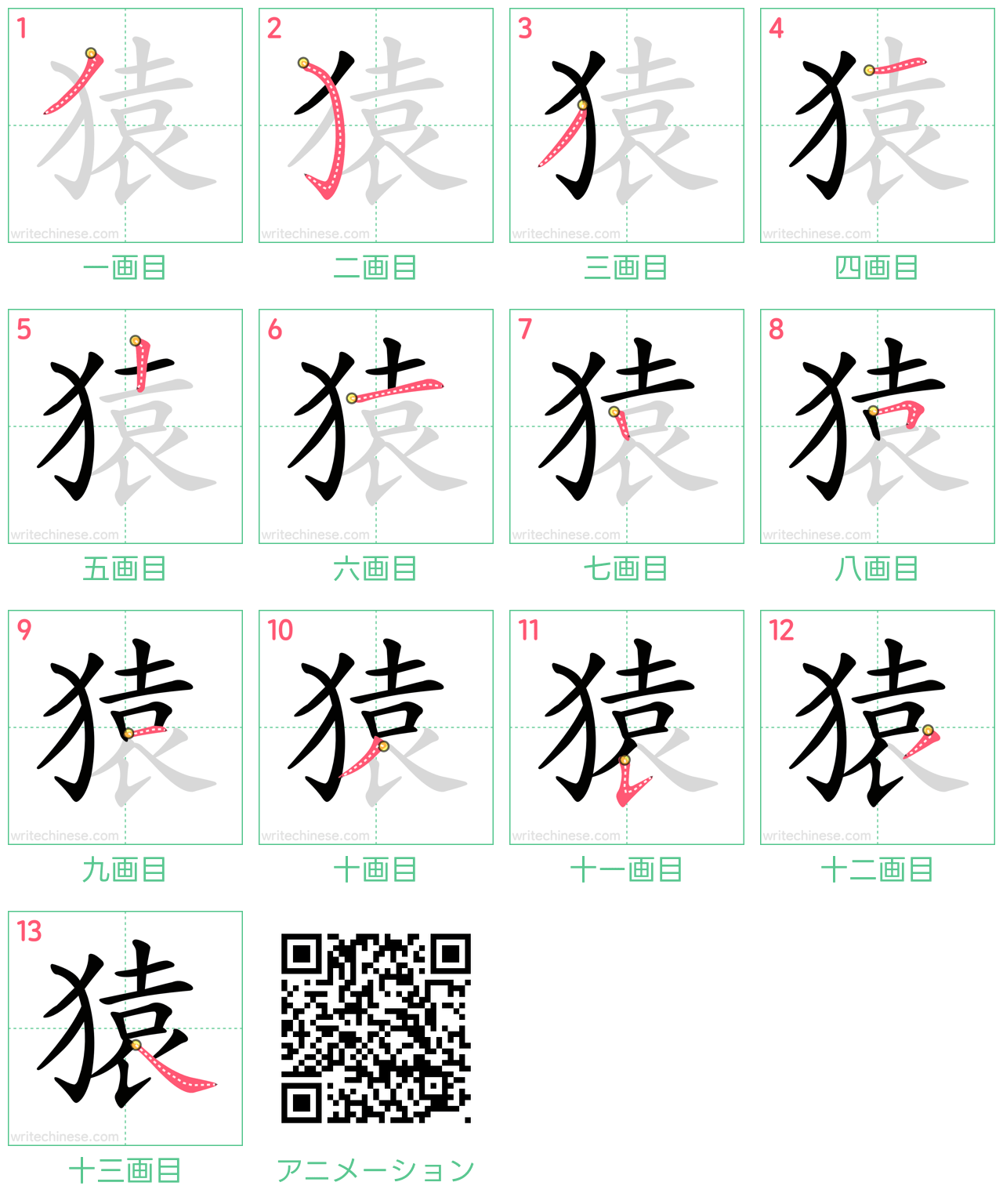 中国語の漢字「猿」の書き順 筆順
