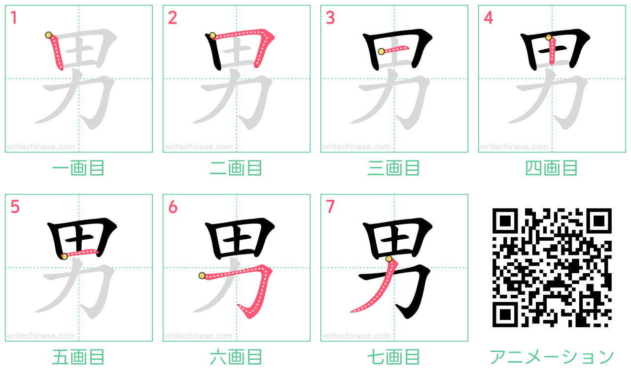 中国語の漢字「男」の書き順 筆順