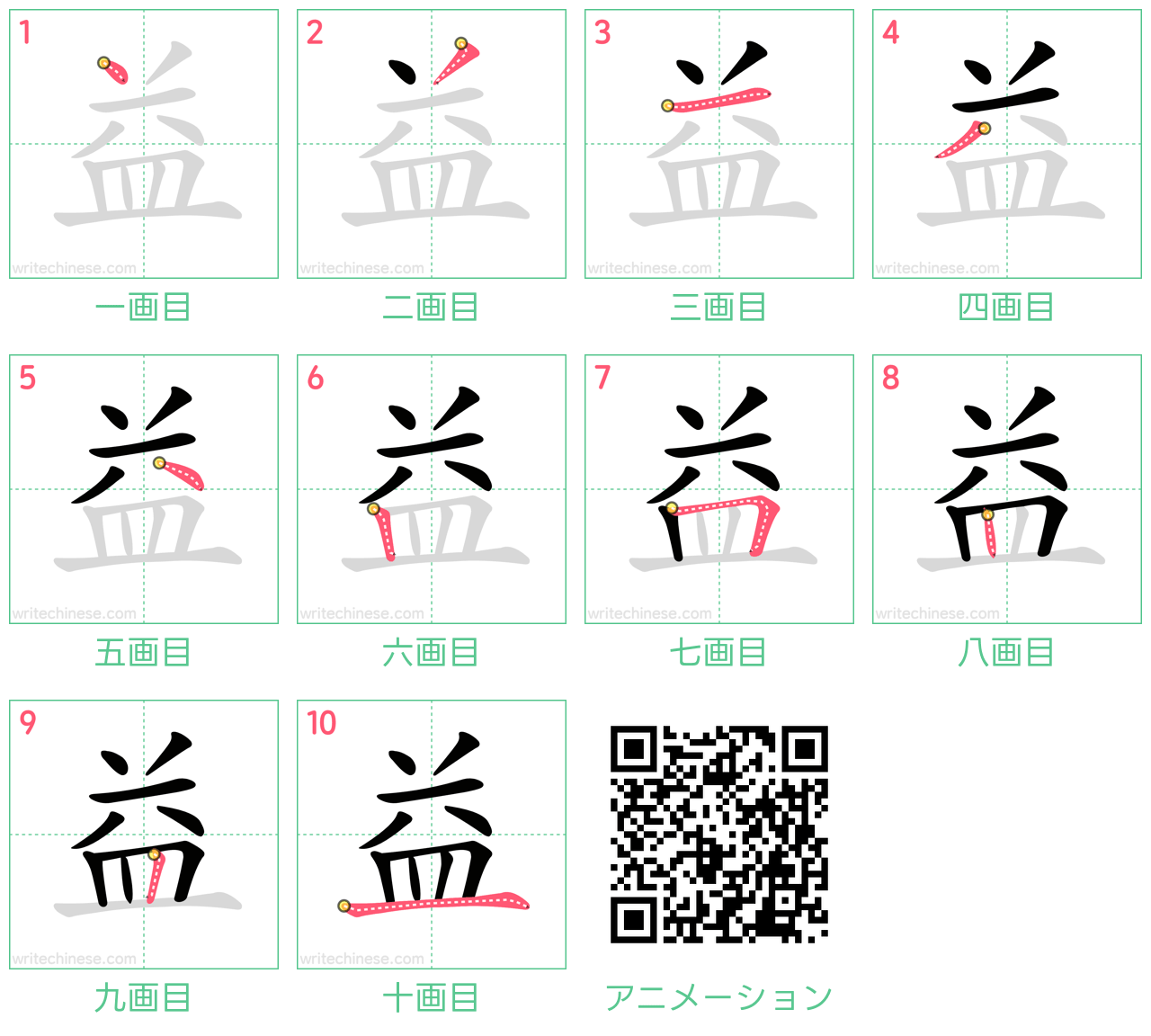 中国語の漢字「益」の書き順 筆順