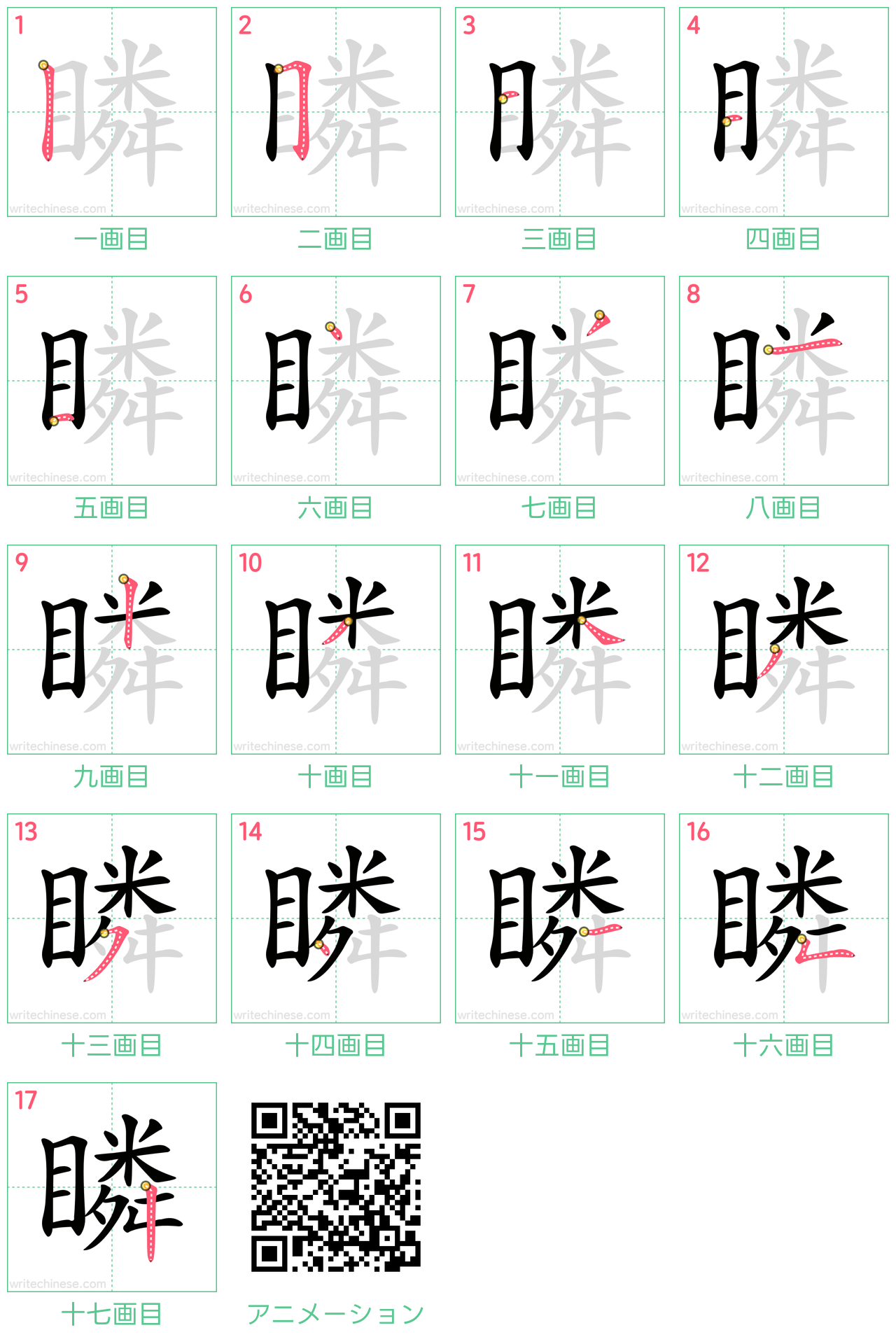 中国語の漢字「瞵」の書き順 筆順