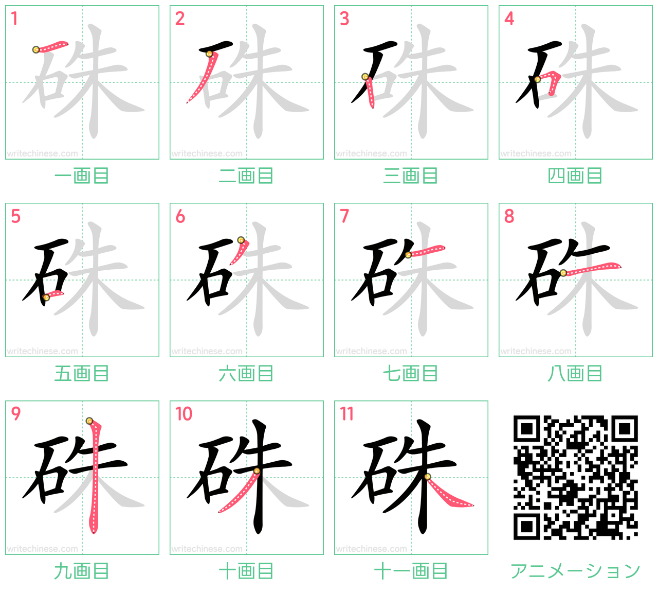 中国語の漢字「硃」の書き順 筆順