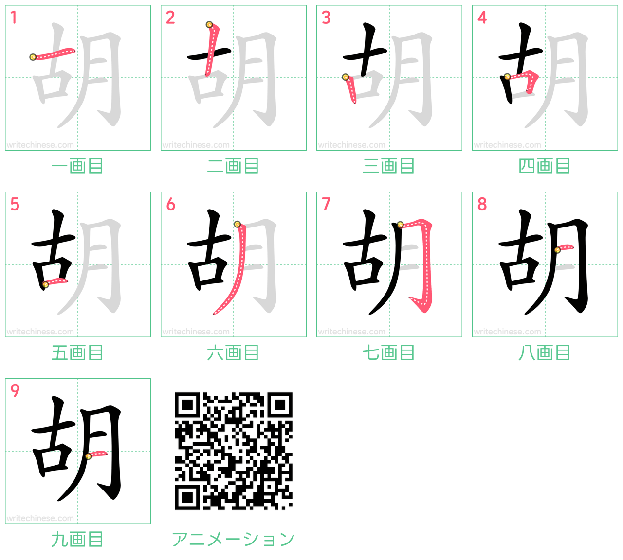 中国語の漢字「胡」の書き順 筆順