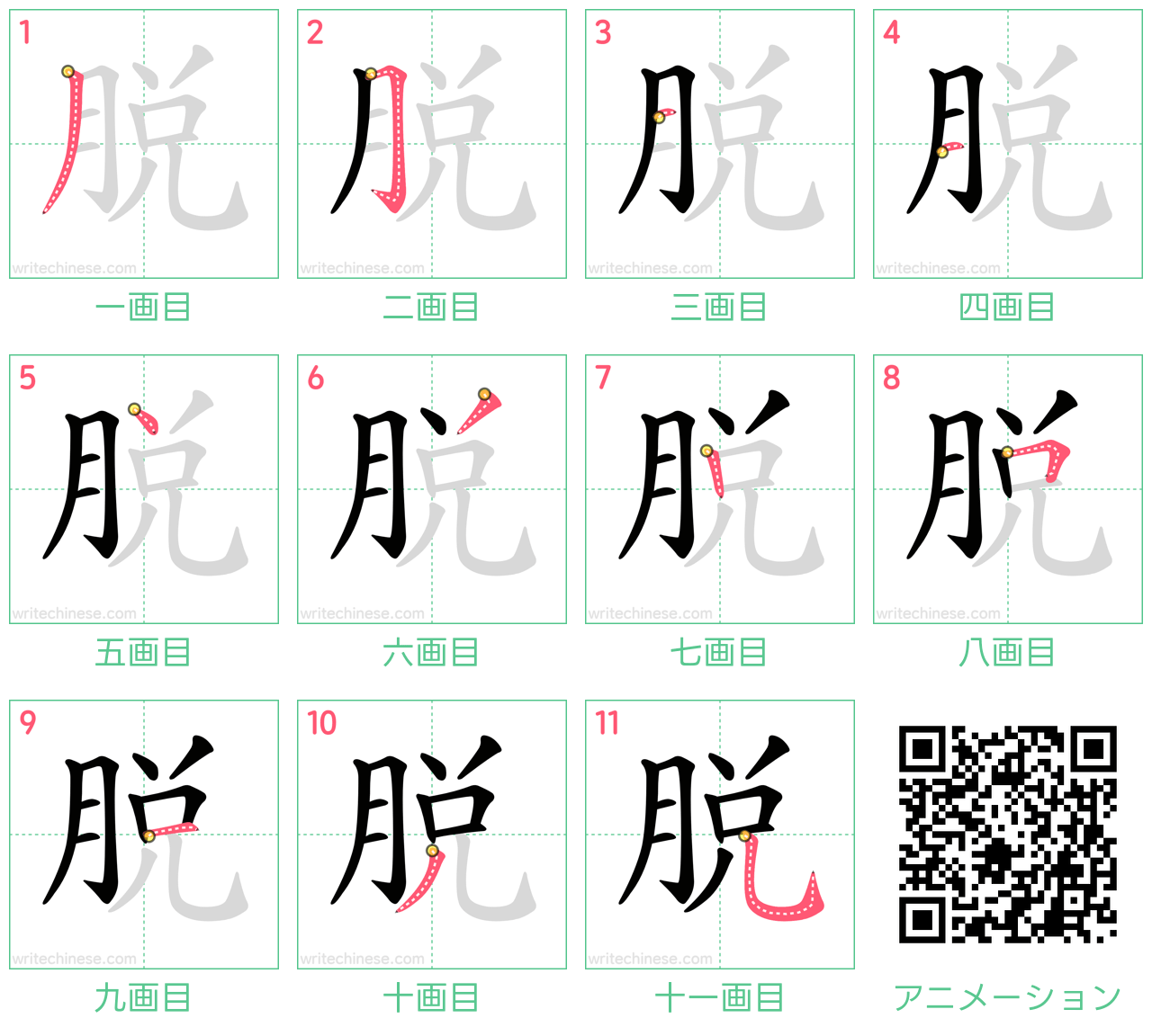 中国語の漢字「脱」の書き順 筆順