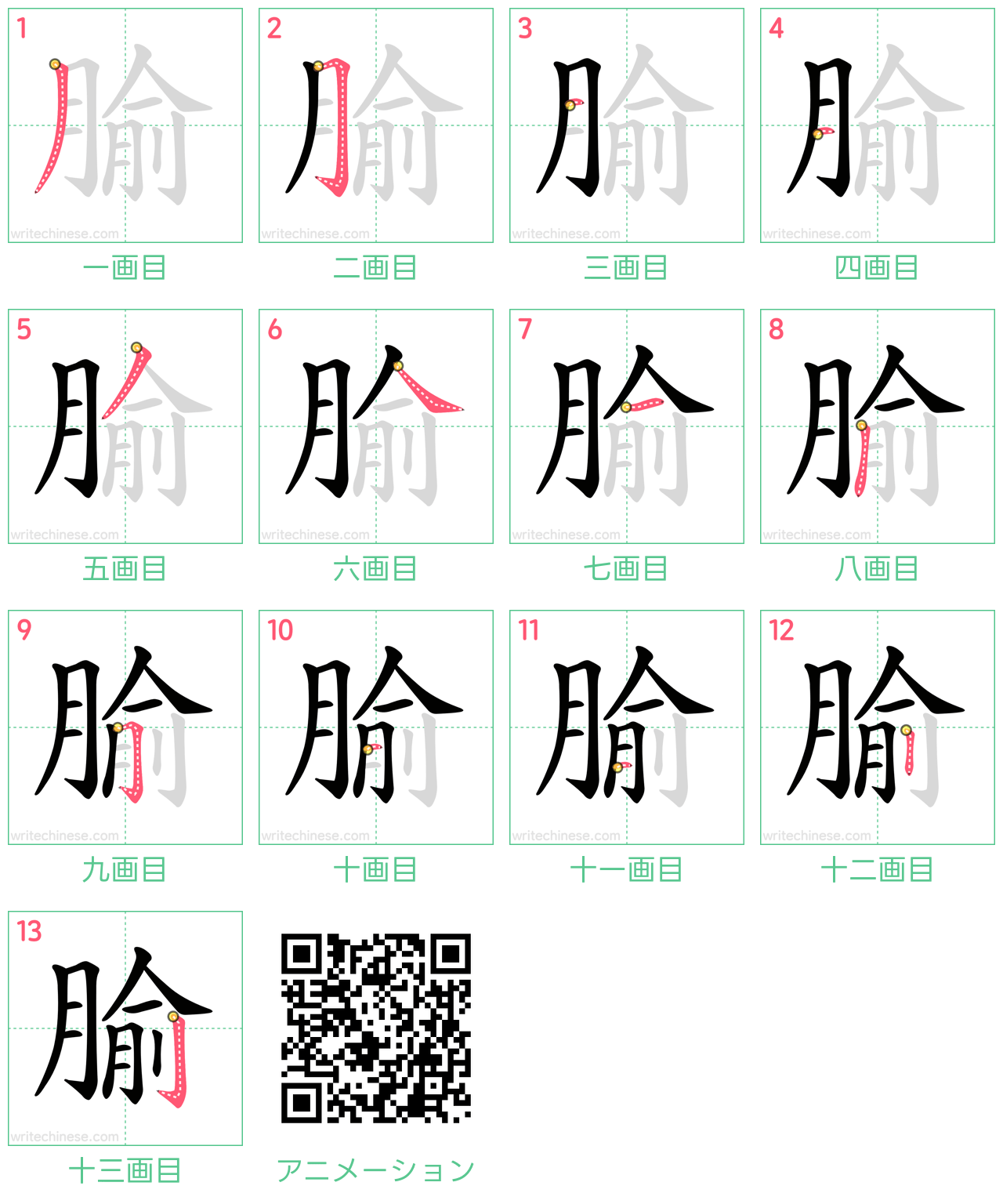 中国語の漢字「腧」の書き順 筆順