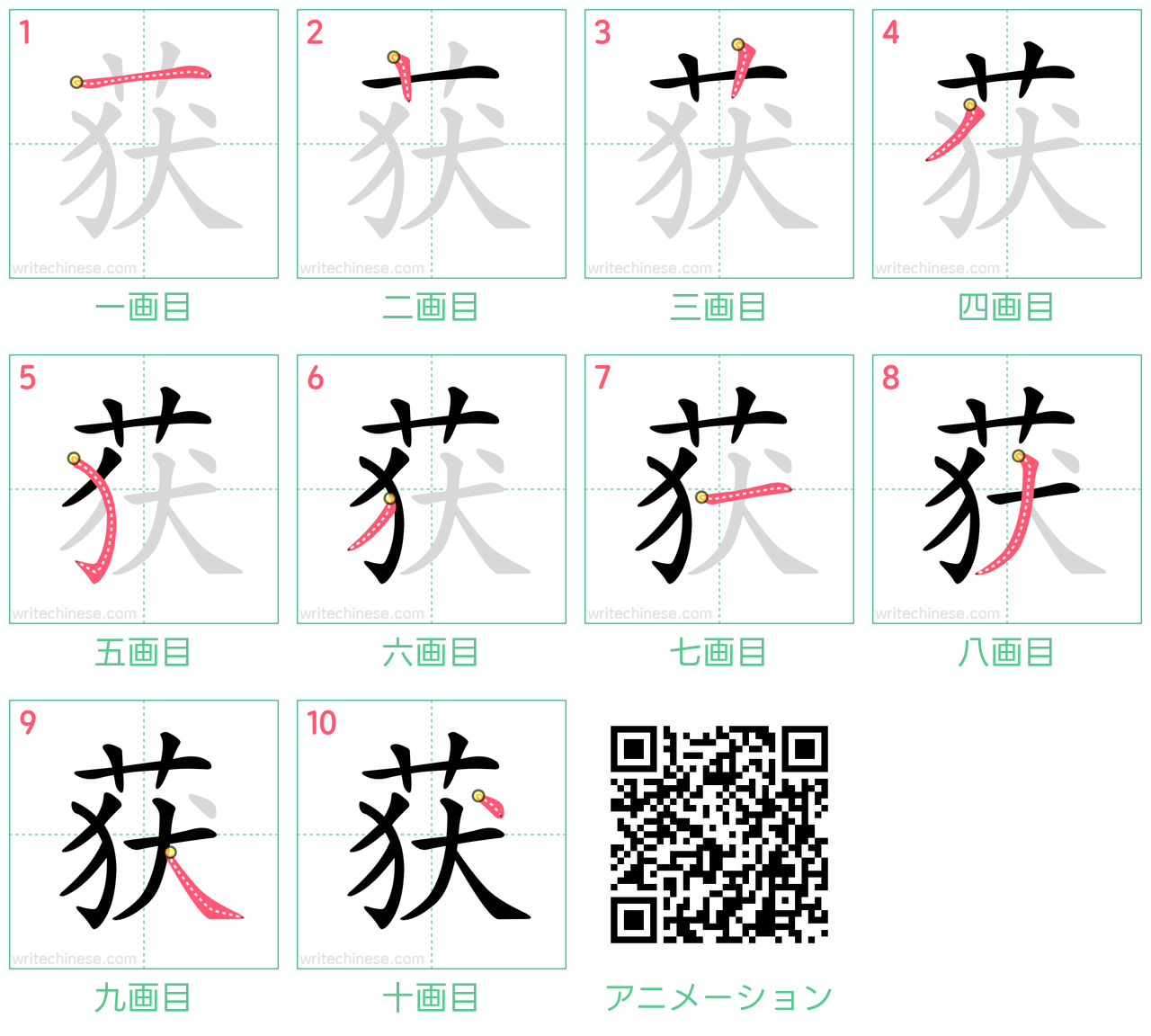 中国語の漢字「获」の書き順 筆順
