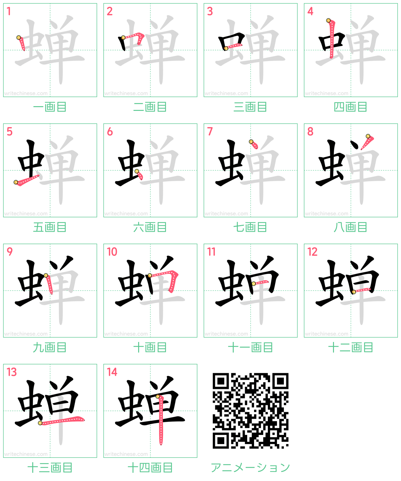 中国語の漢字「蝉」の書き順 筆順