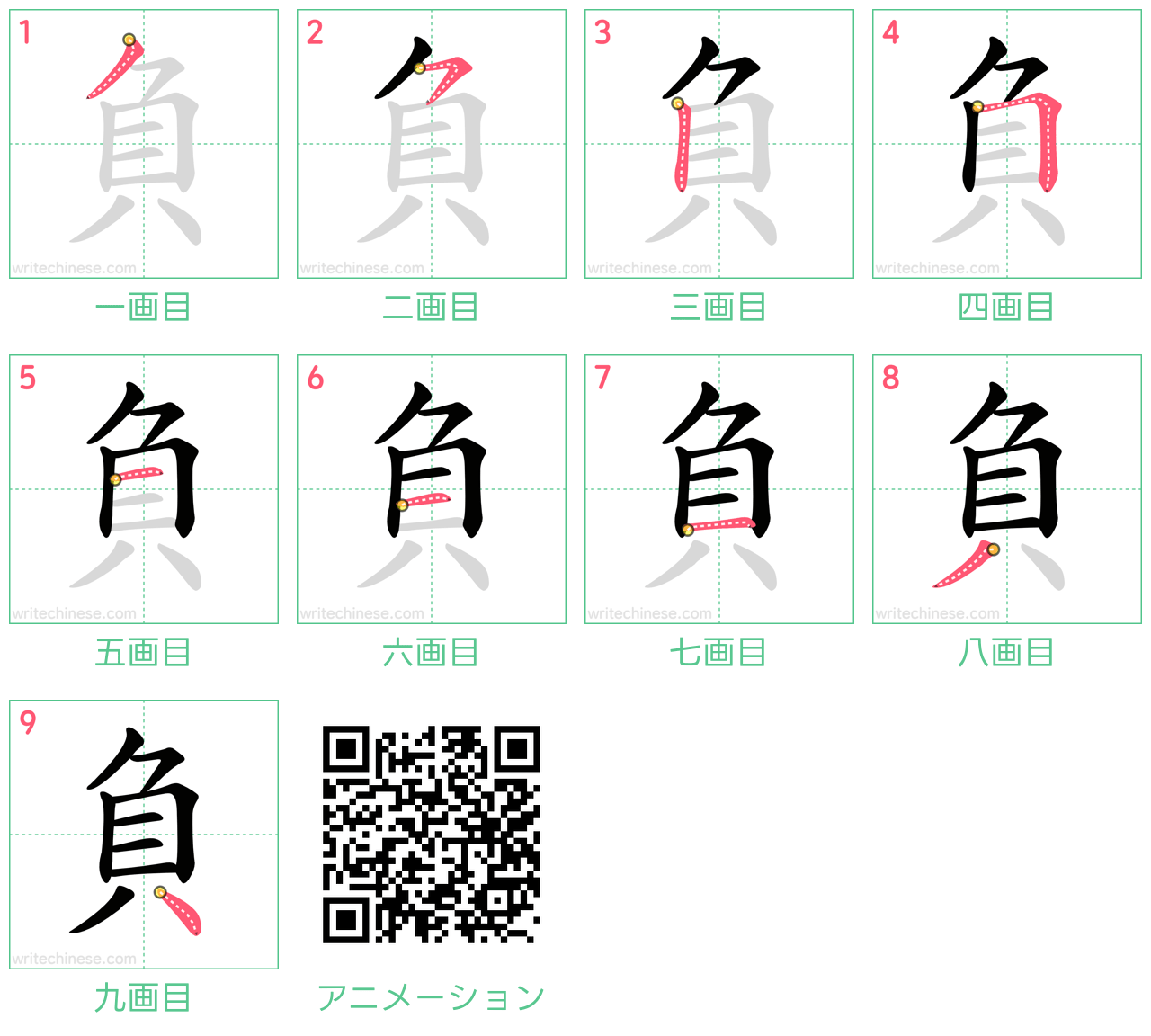 中国語の漢字「負」の書き順 筆順