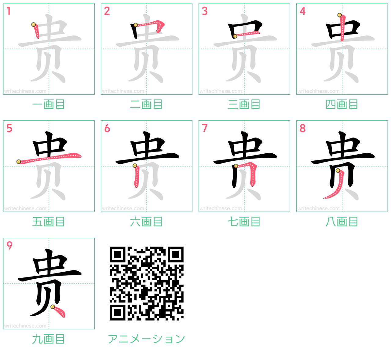 中国語の漢字「贵」の書き順 筆順