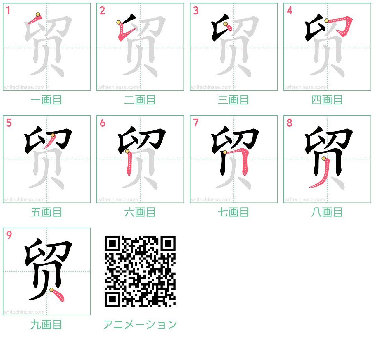 中国語の漢字「贸」の書き順 筆順