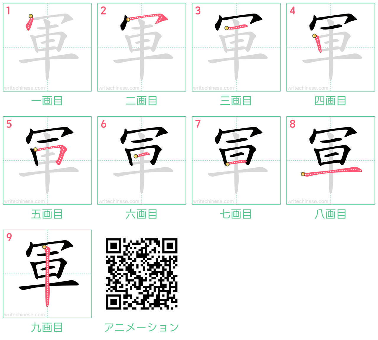 中国語の漢字「軍」の書き順 筆順