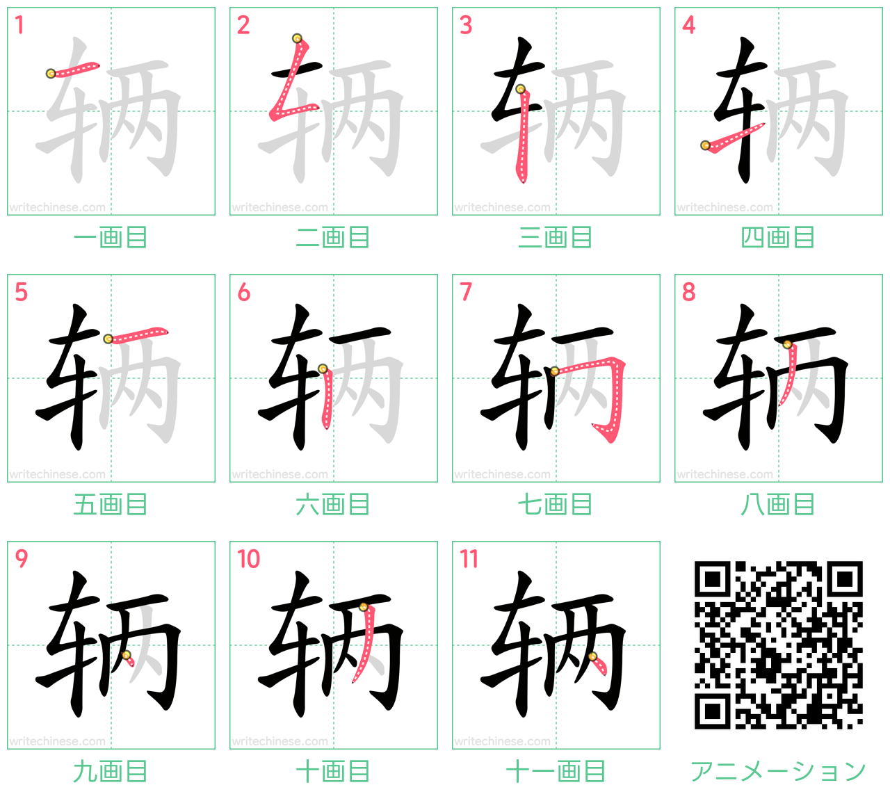 中国語の漢字「辆」の書き順 筆順