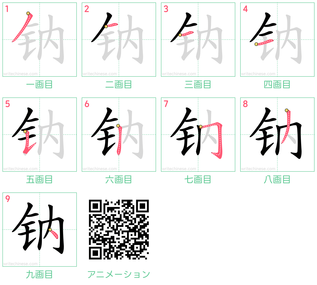 中国語の漢字「钠」の書き順 筆順