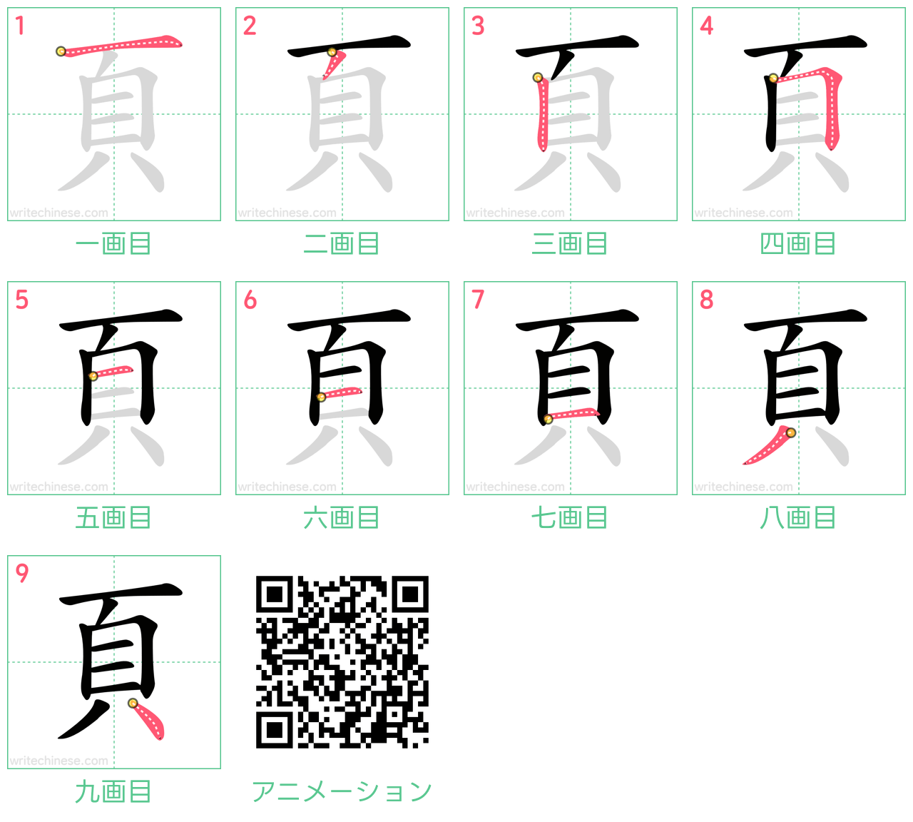 中国語の漢字「頁」の書き順 筆順