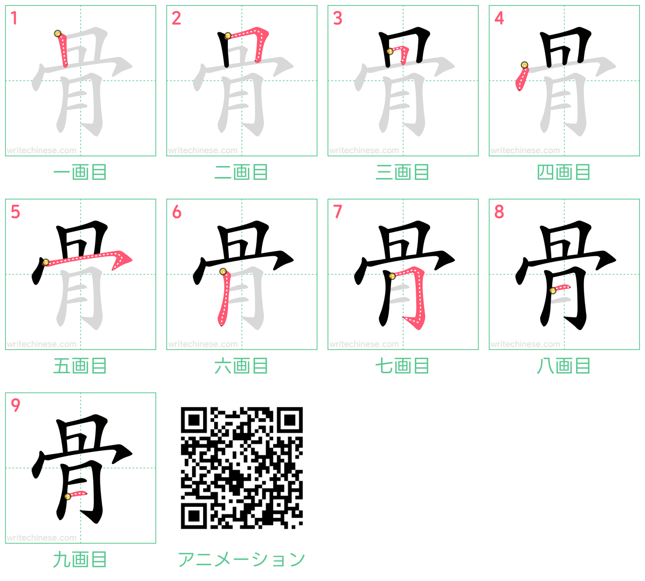 中国語の漢字「骨」の書き順 筆順
