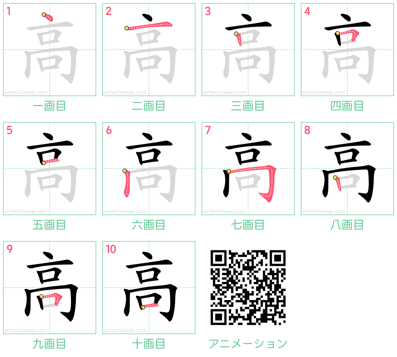 中国語の漢字「高」の書き順 筆順