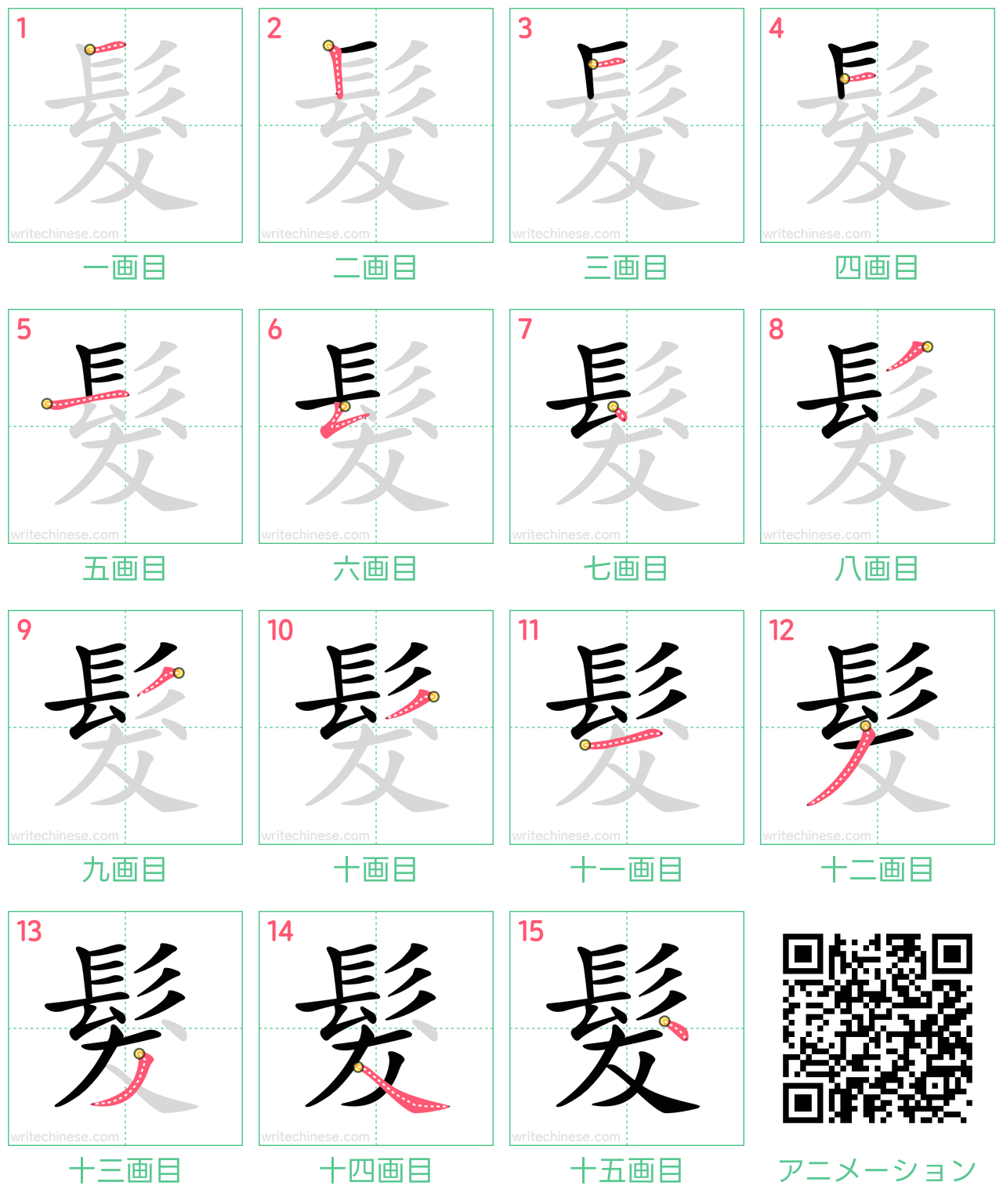 中国語の漢字「髮」の書き順 筆順