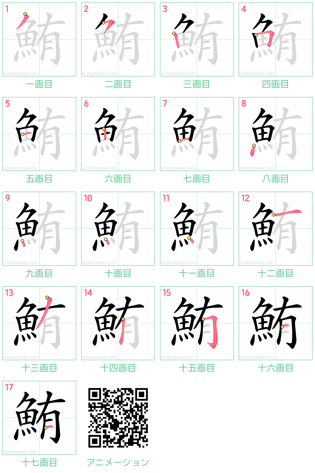 中国語の漢字「鮪」の書き順 筆順