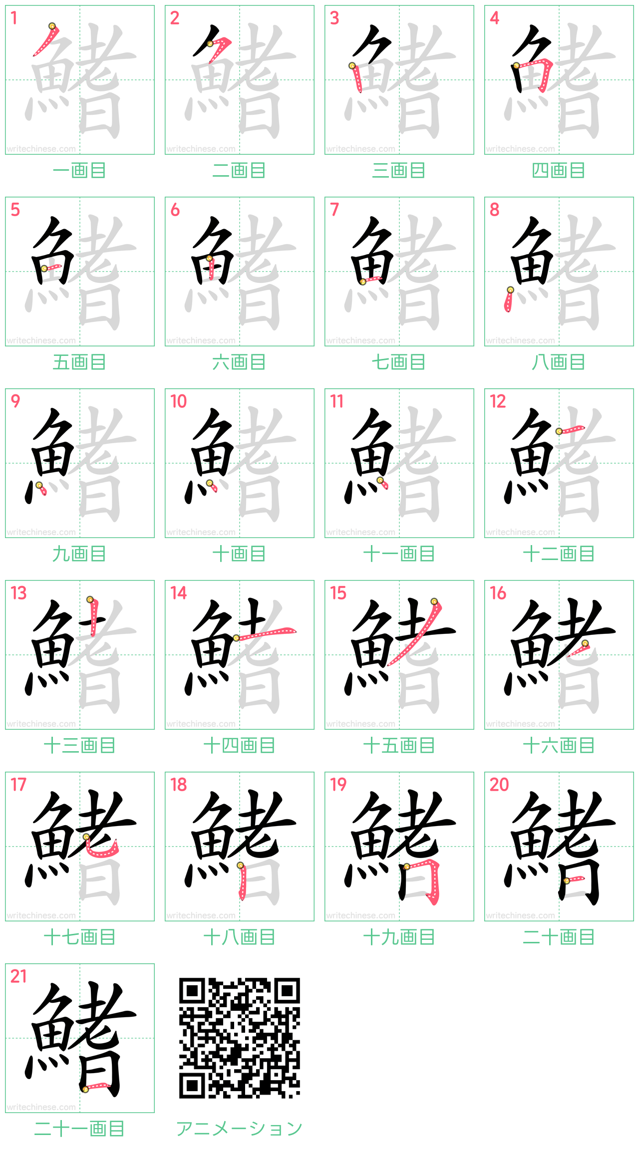 中国語の漢字「鰭」の書き順 筆順