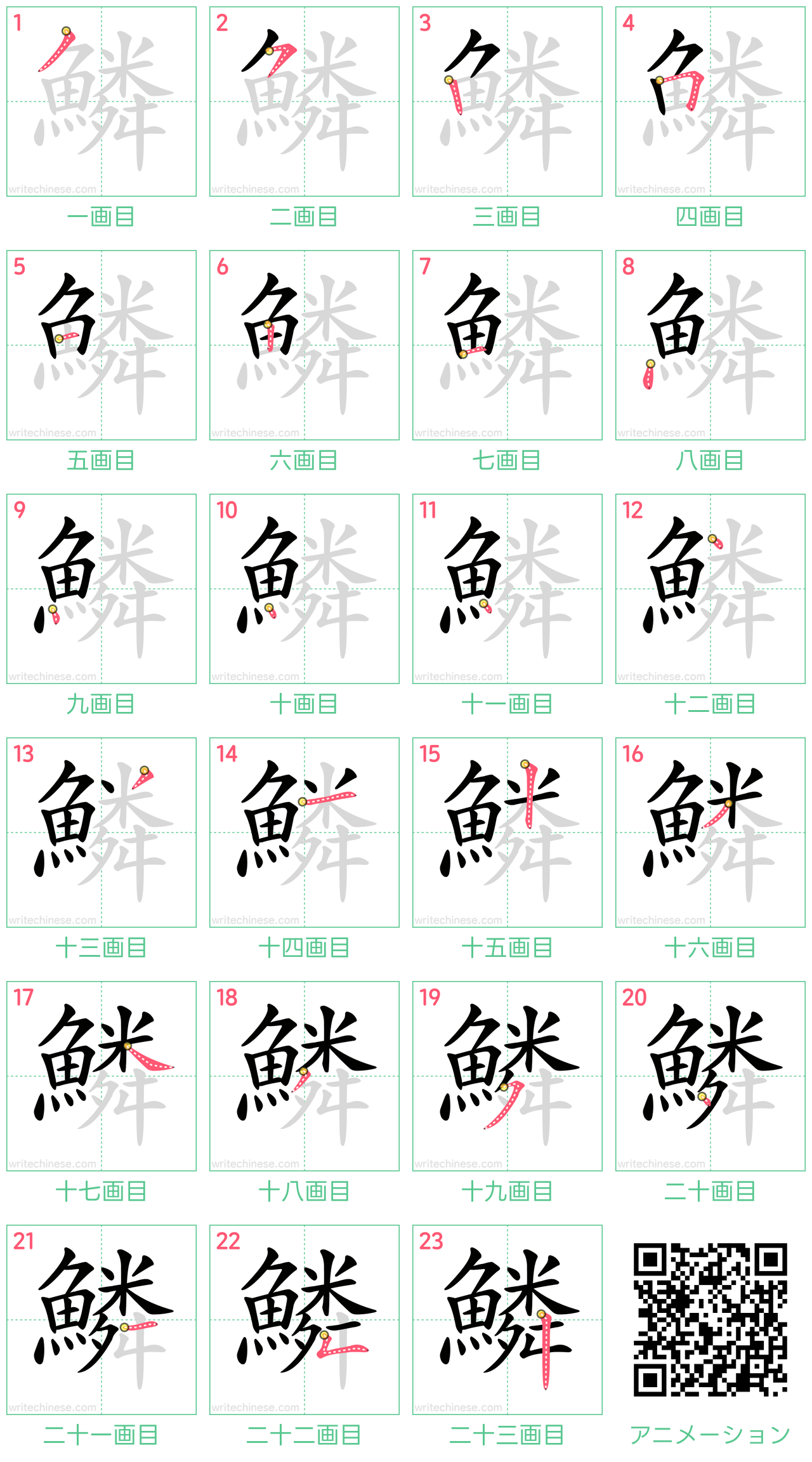 中国語の漢字「鱗」の書き順 筆順