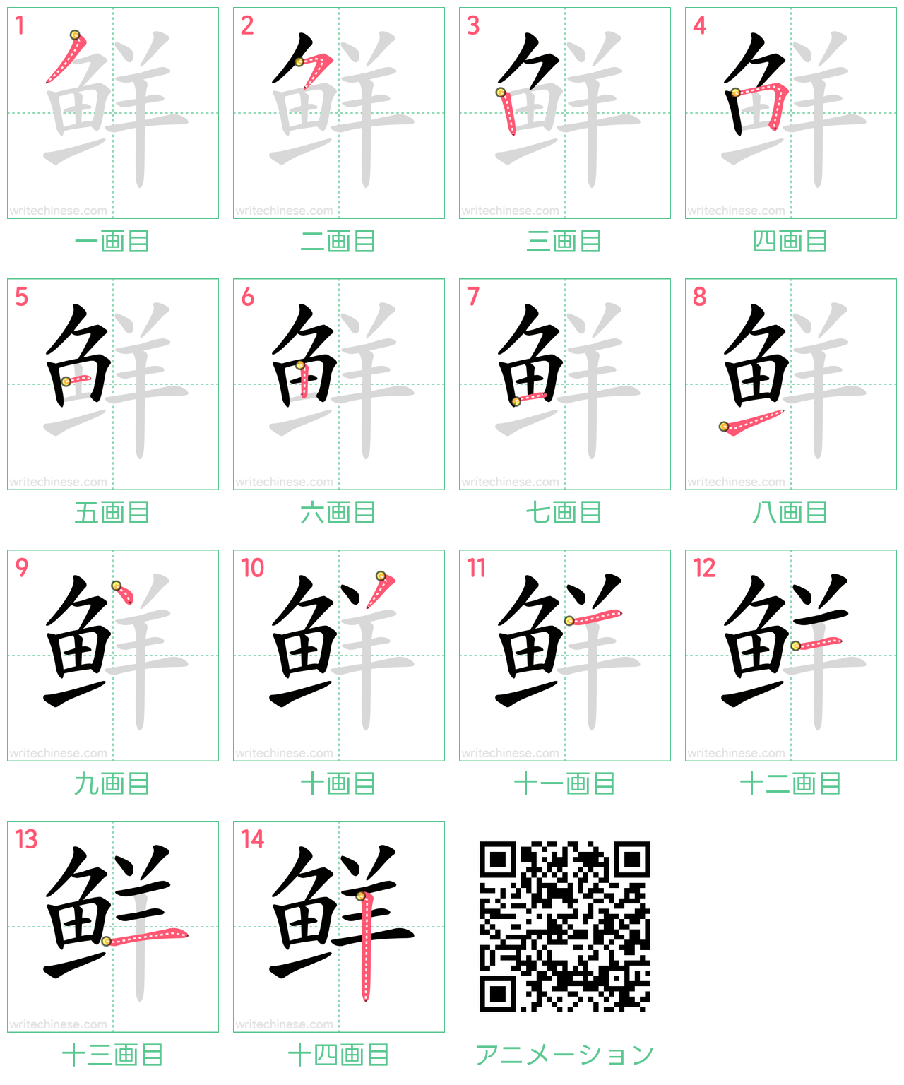 中国語の漢字「鲜」の書き順 筆順