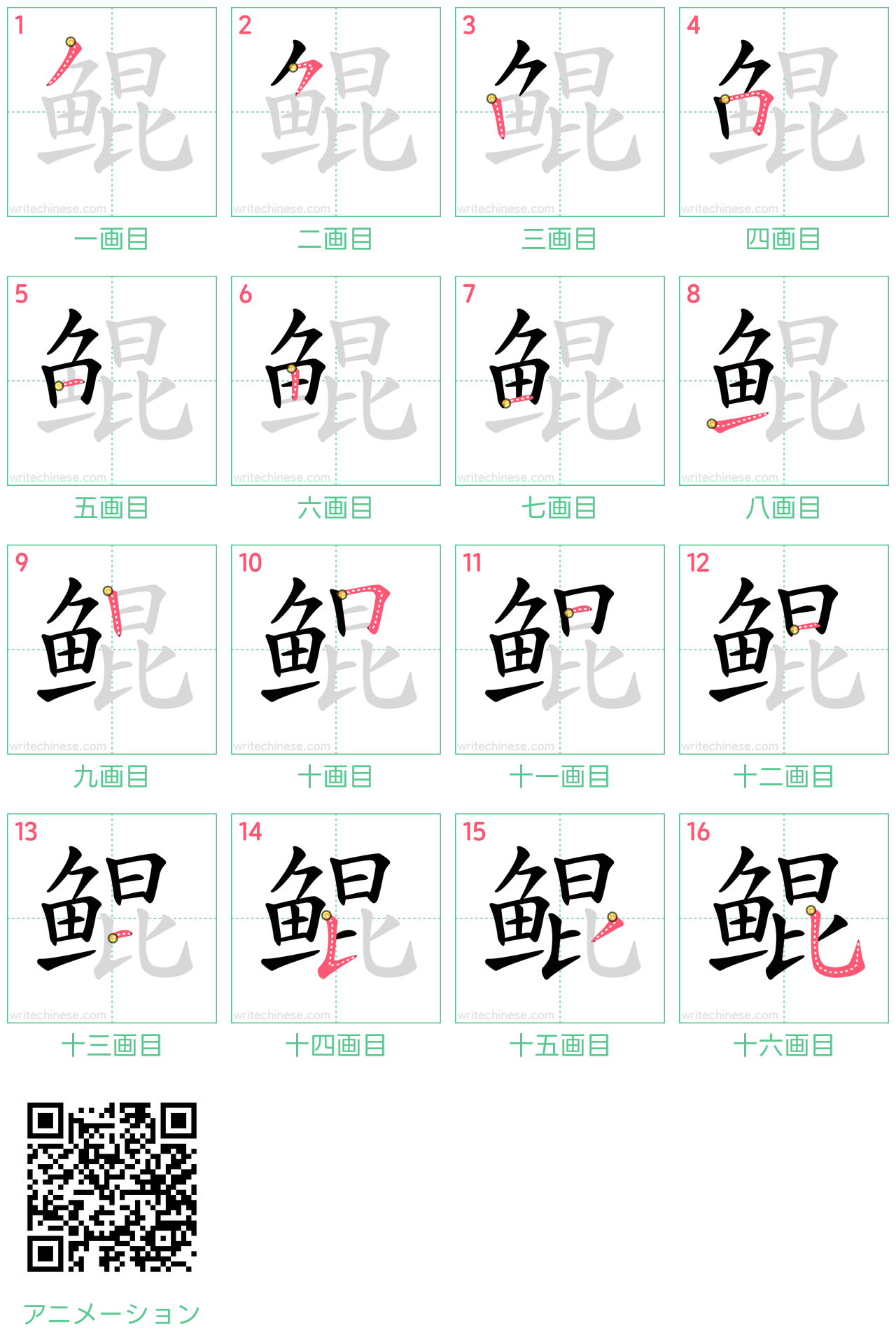 中国語の漢字「鲲」の書き順 筆順