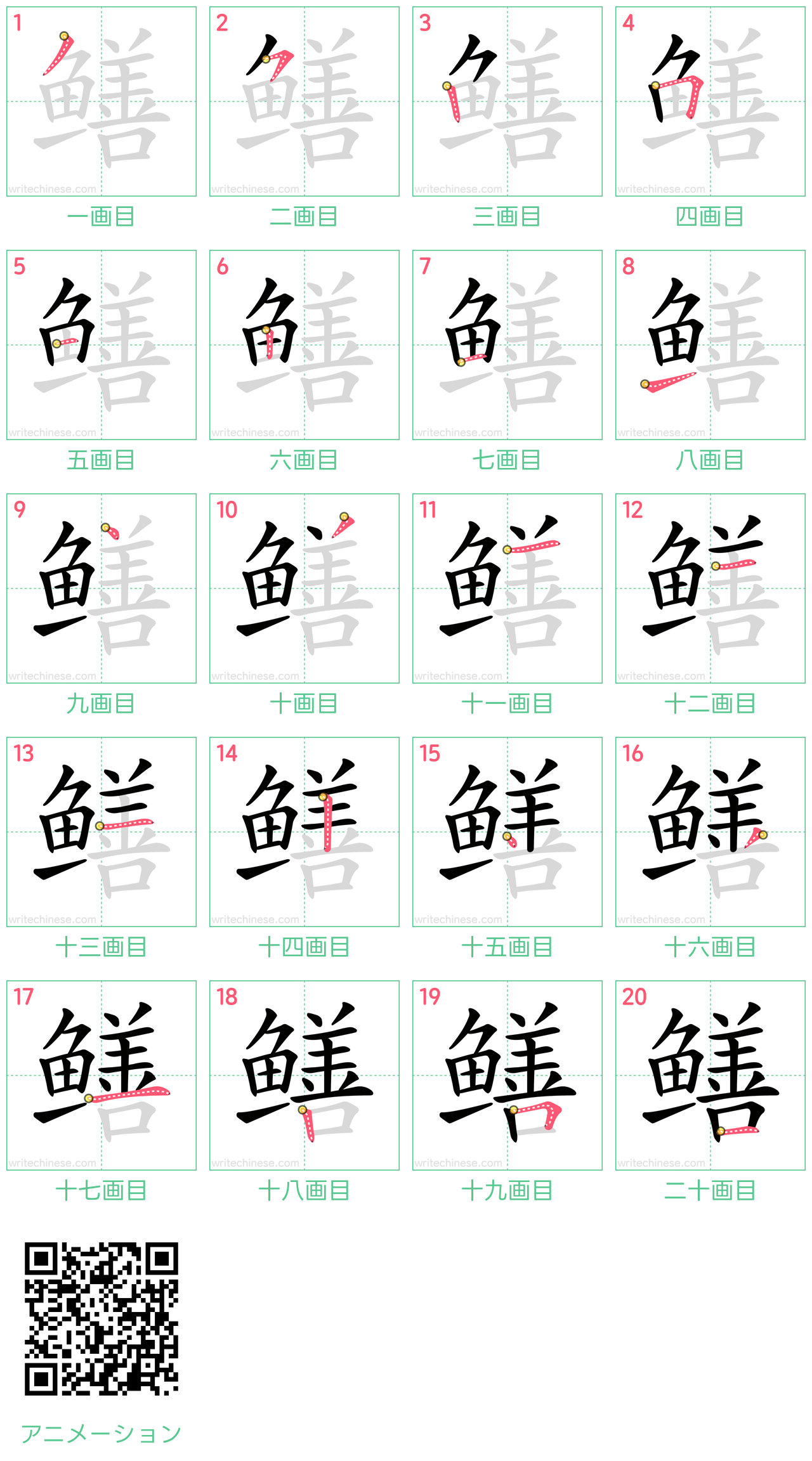 中国語の漢字「鳝」の書き順 筆順