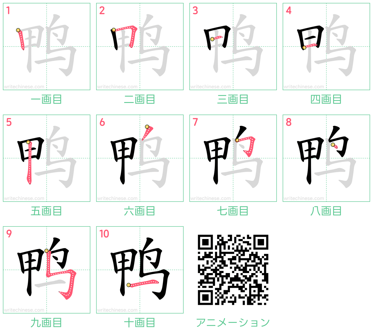 中国語の漢字「鸭」の書き順 筆順