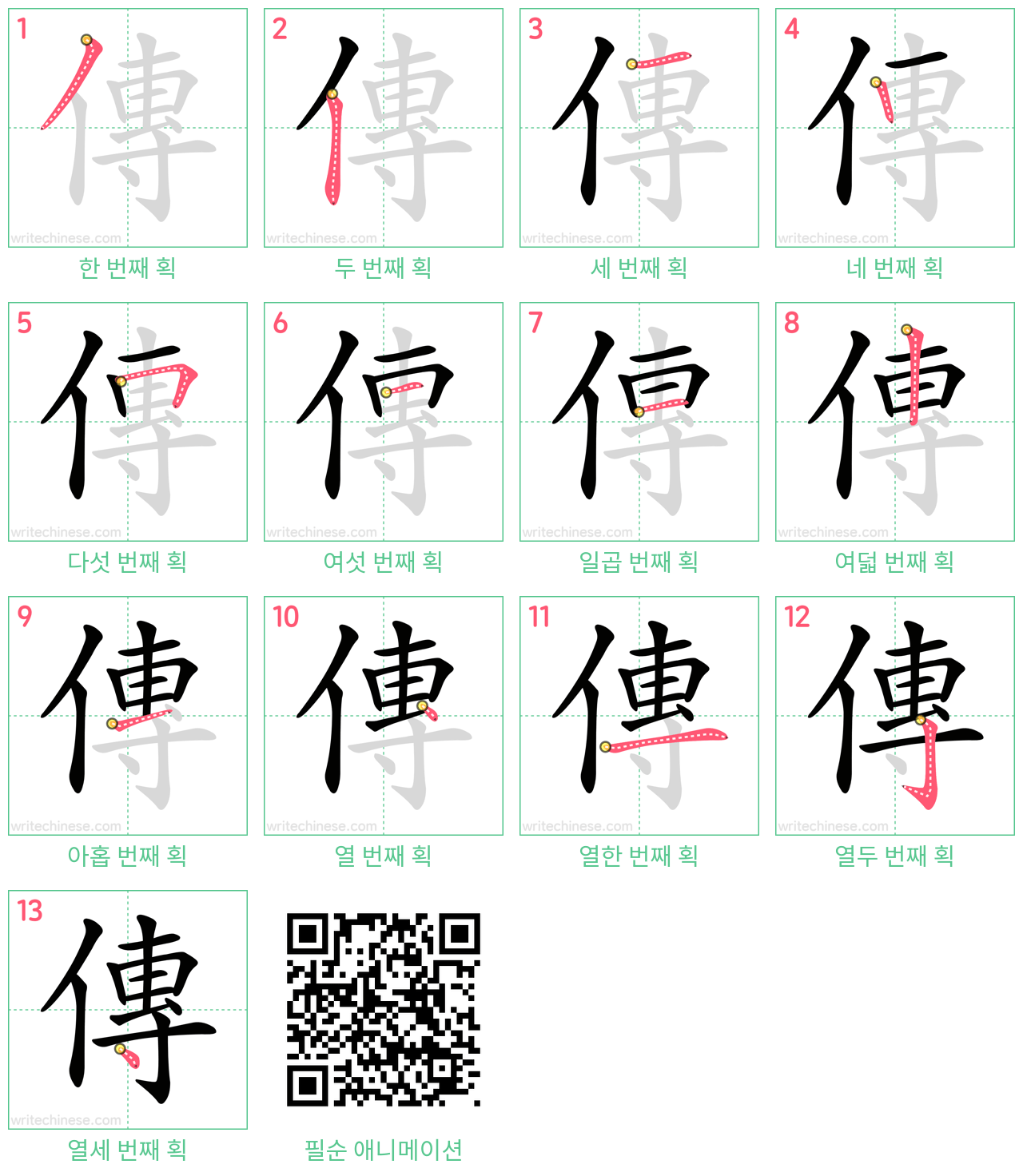 傳 step-by-step stroke order diagrams