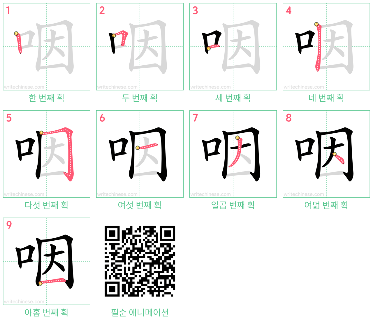 咽 step-by-step stroke order diagrams