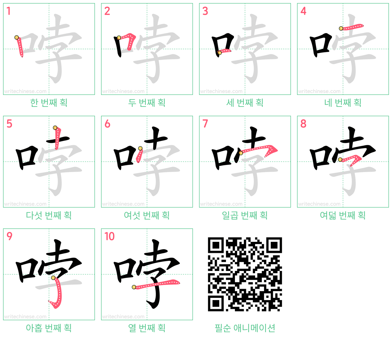 哱 step-by-step stroke order diagrams