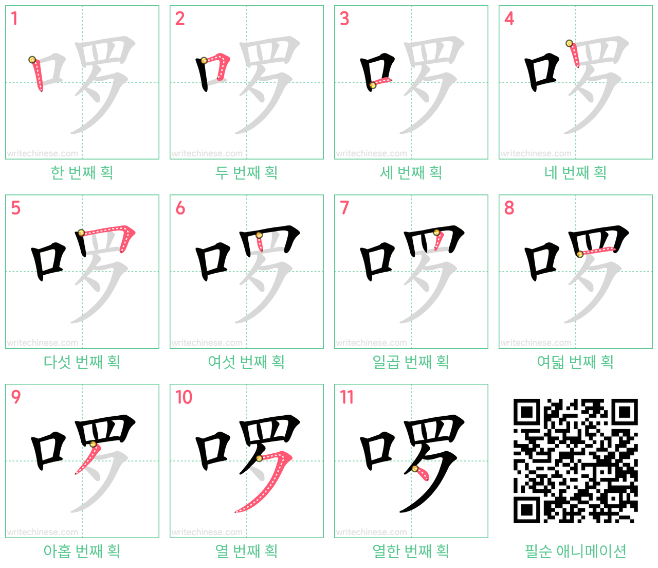 啰 step-by-step stroke order diagrams