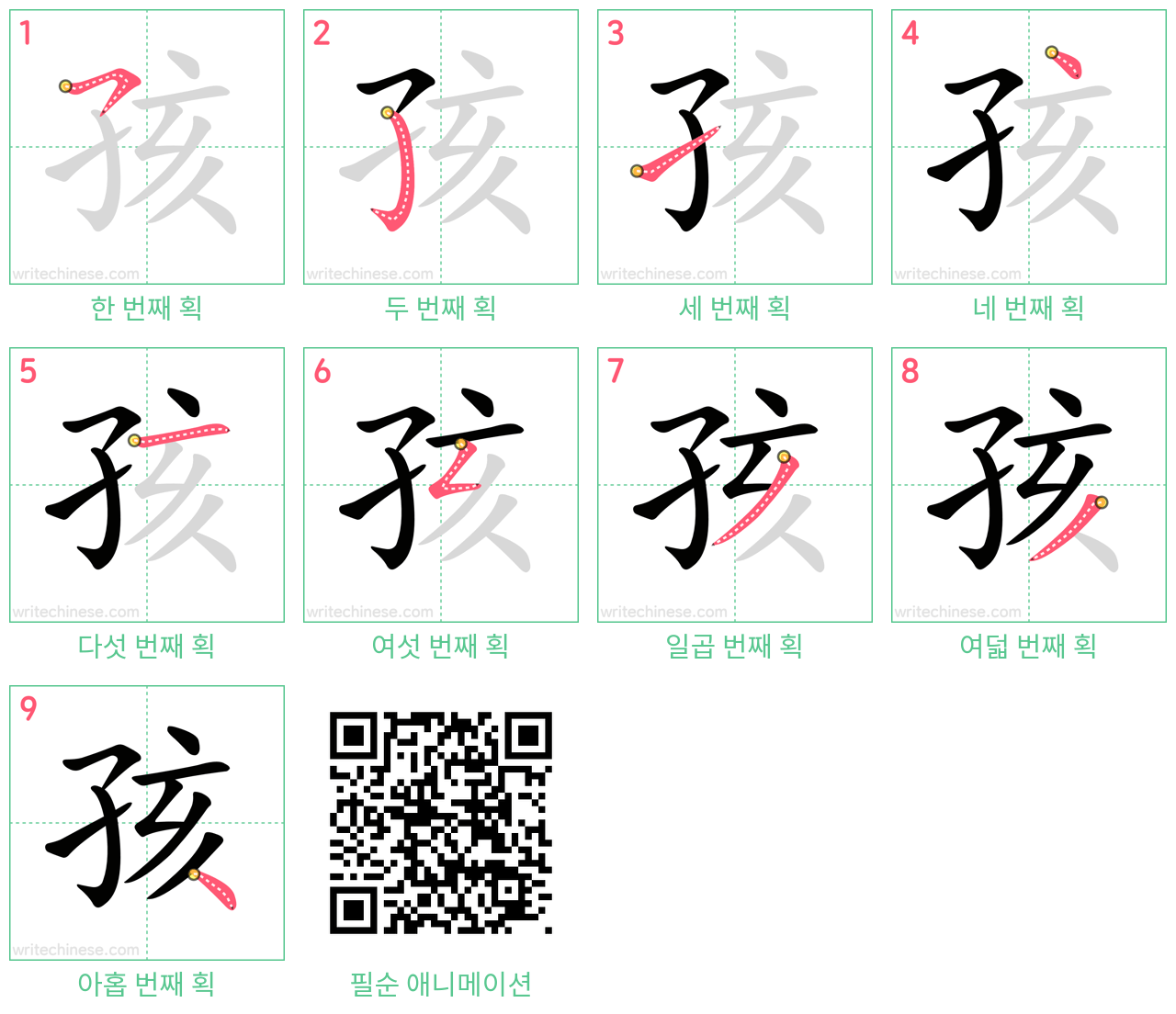 孩 step-by-step stroke order diagrams