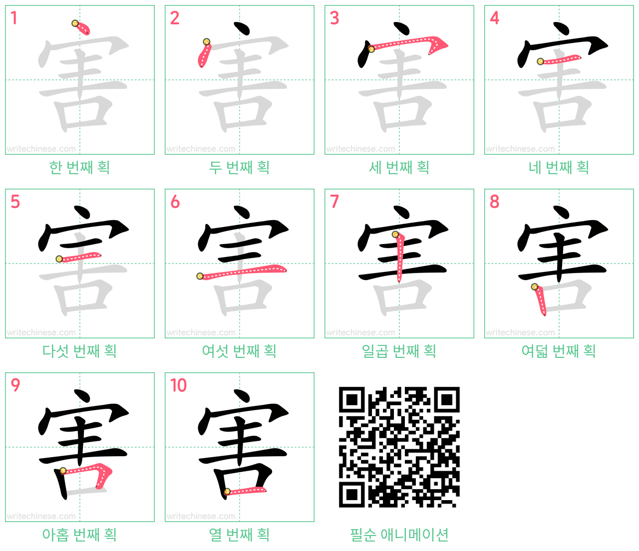 害 step-by-step stroke order diagrams