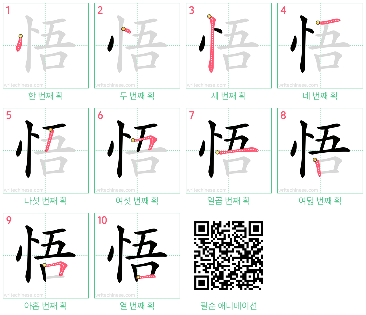悟 step-by-step stroke order diagrams