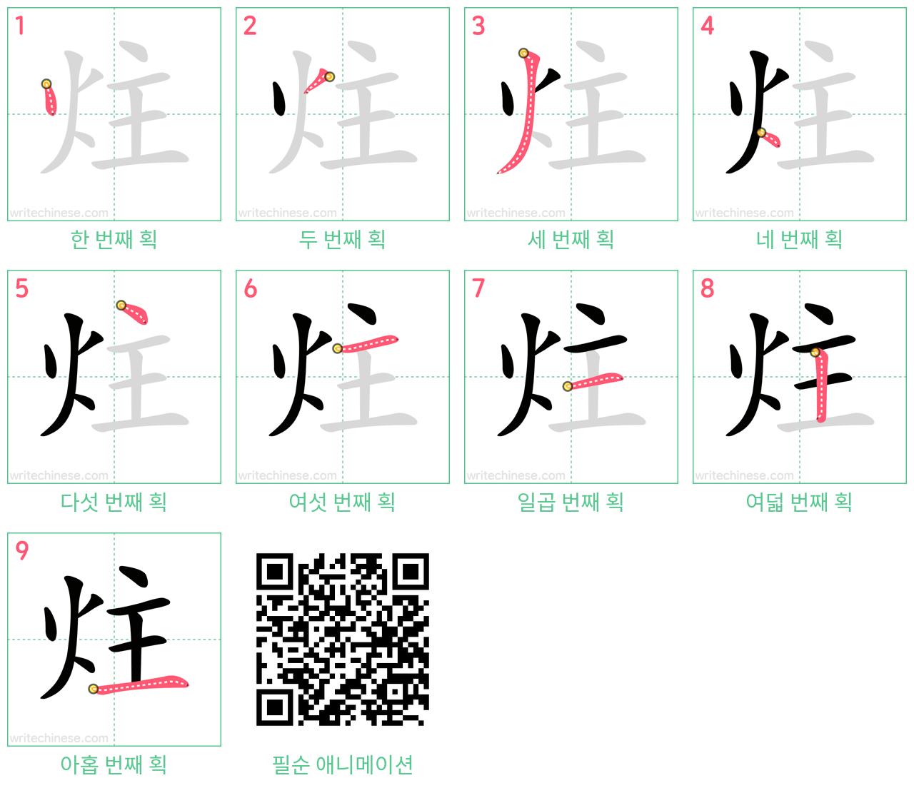 炷 step-by-step stroke order diagrams