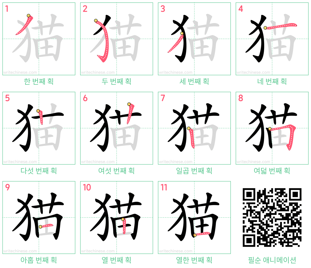 猫 step-by-step stroke order diagrams